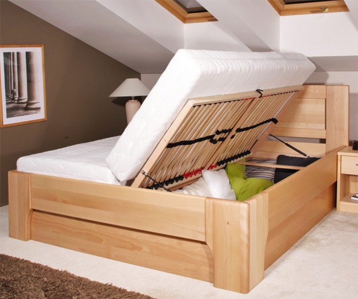 Zvýšená postel Olympia 3 s úložným prostorem a výklopnými rošty - masiv buk průběžný olej č. 1 přírodní, Kolacia Design