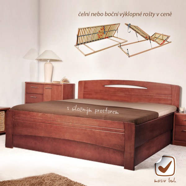 Evita 3 s úložným prostorem a s rošty - zvýšená masivní buková postel